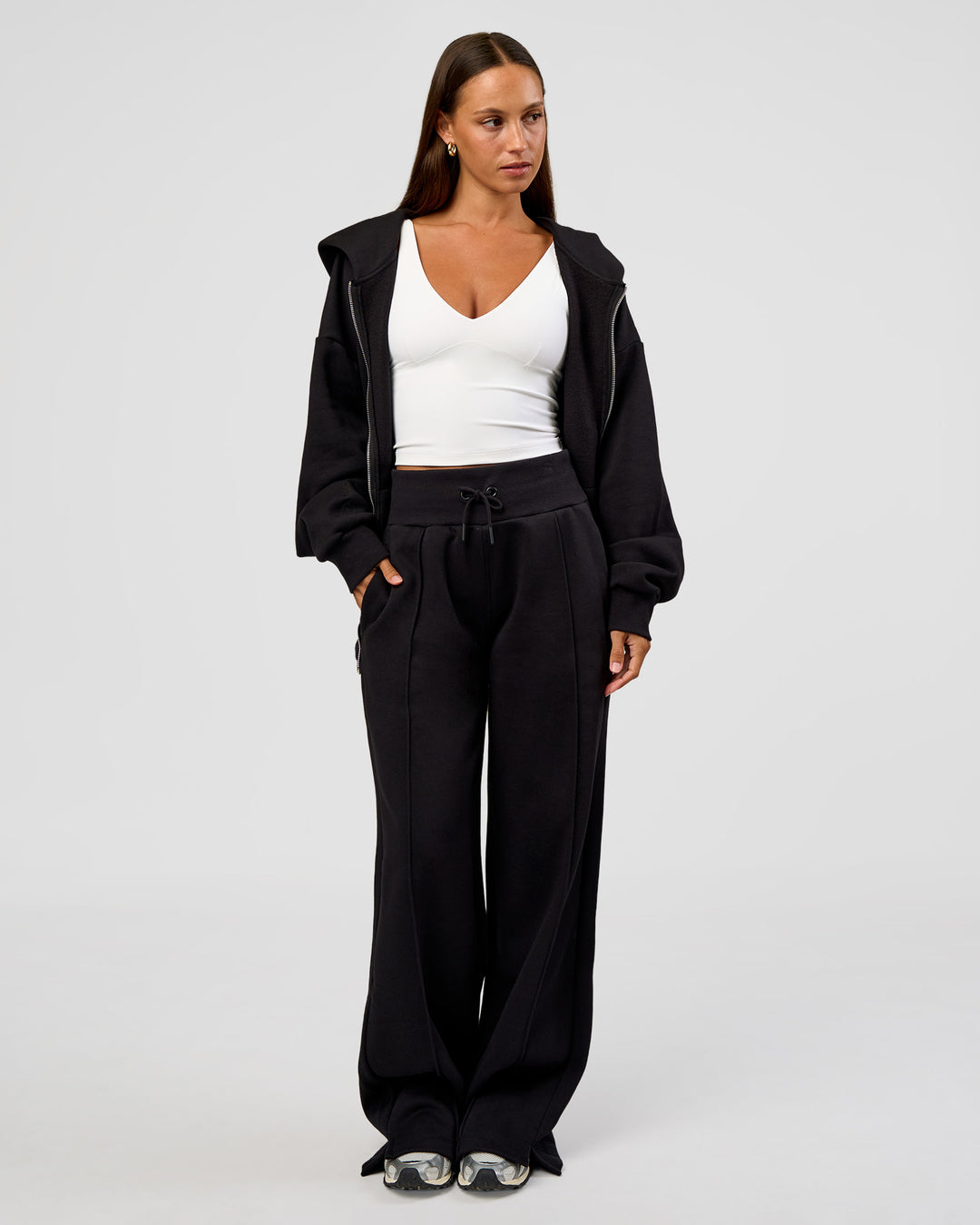 Woman wearing Base Zip Through Oversized Hoodie - Black | Model:Brylee | Size:XS - view 11