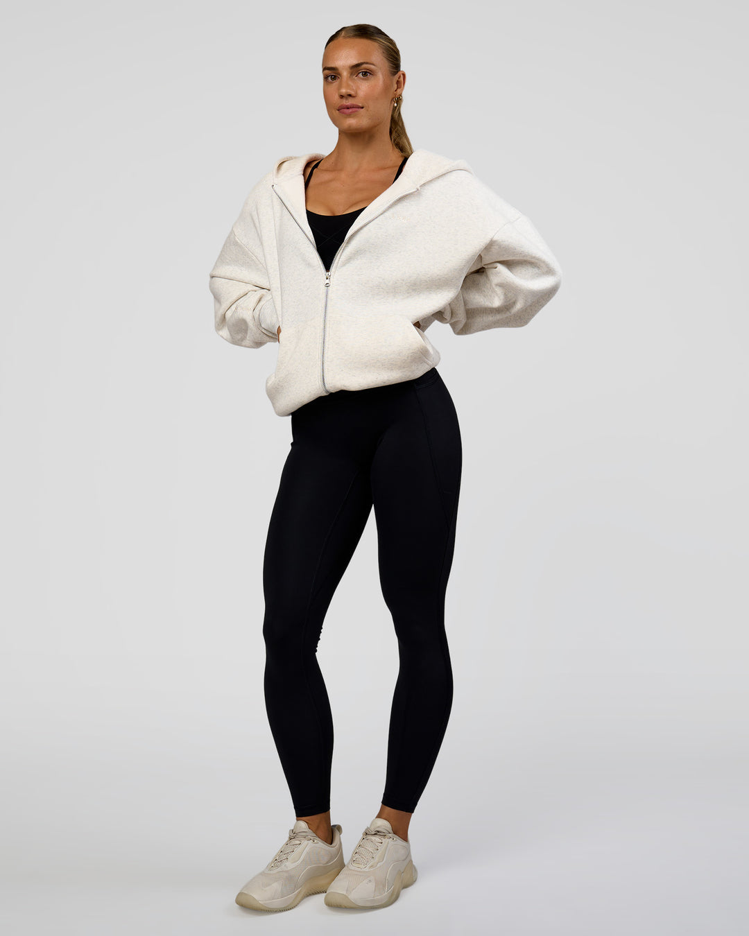 Woman wearing Base Zip Through Oversized Hoodie - Silver Marl | Model:Maja | Size:XS - view 2