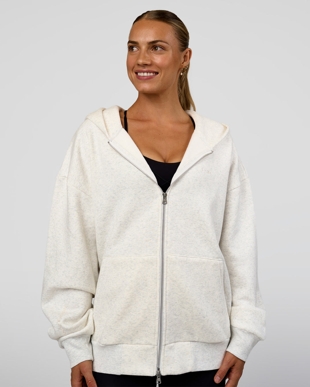 Woman wearing Base Zip Through Oversized Hoodie - Silver Marl | Model:Maja | Size:XS - view 4