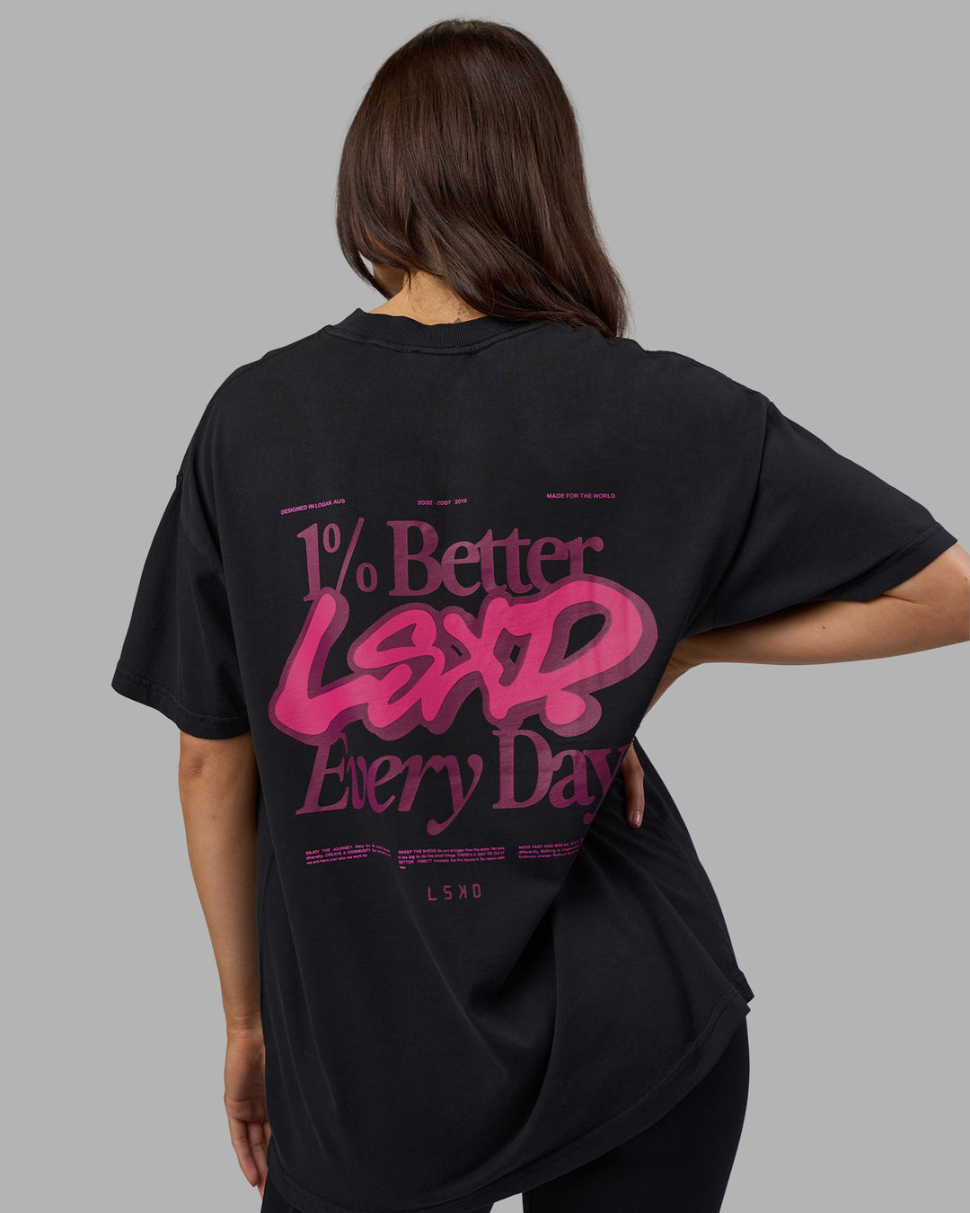 Woman wearing Break Through Heavyweight Oversized Tee - Black Washed-Plum Caspia | Model:Phoebe | Size:XS - view 4