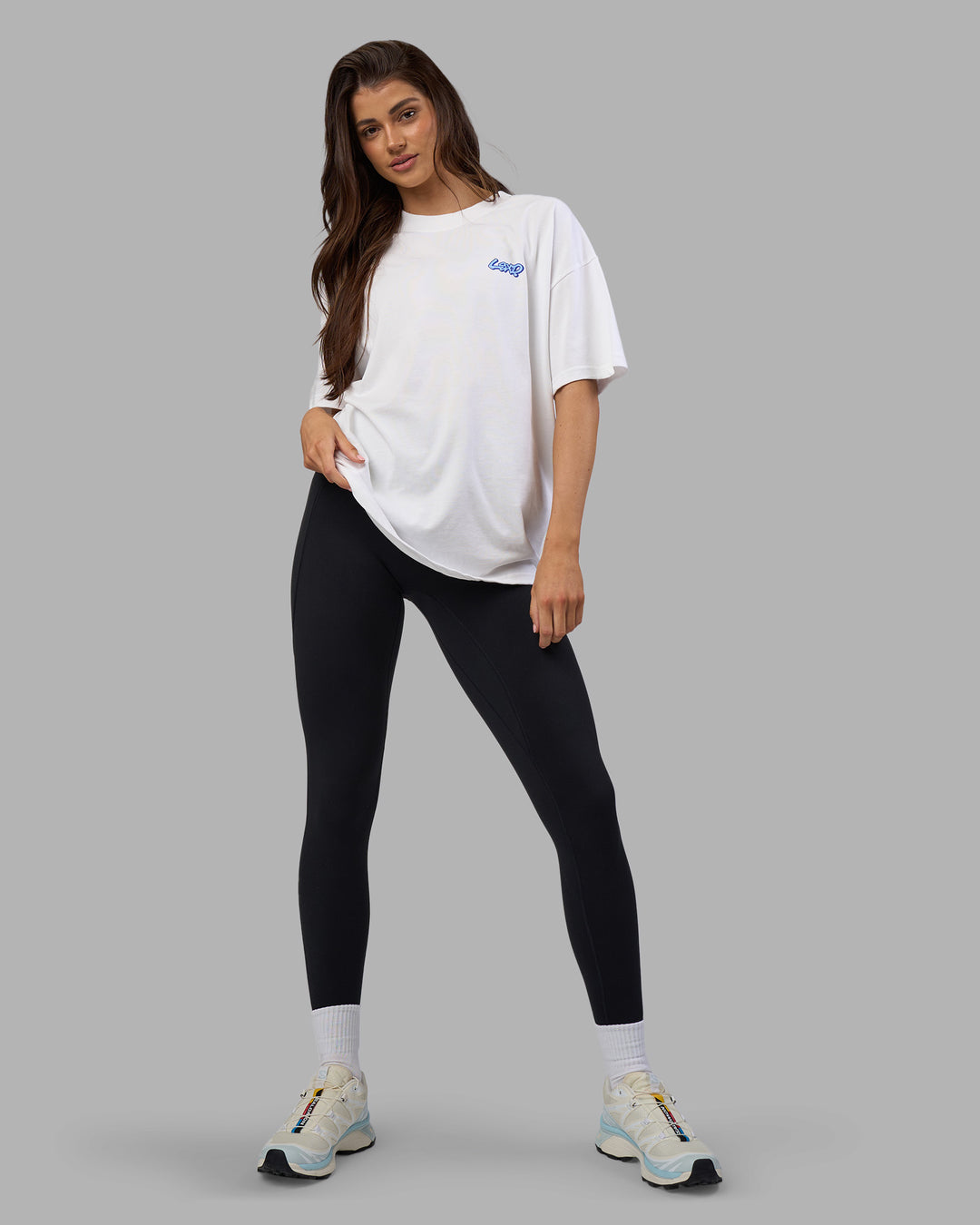 Woman wearing Break Through Heavyweight Oversized Tee - White-Power Cobalt | Model:Phoebe | Size:XS - view 8