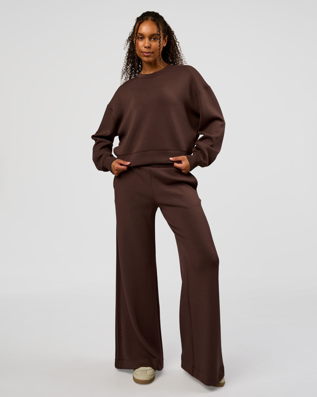 Woman wearing CF Elevate SoftTouch Pintuck Sweater - Hot Chocolate | Model:Jordan | Size:XS - view 6