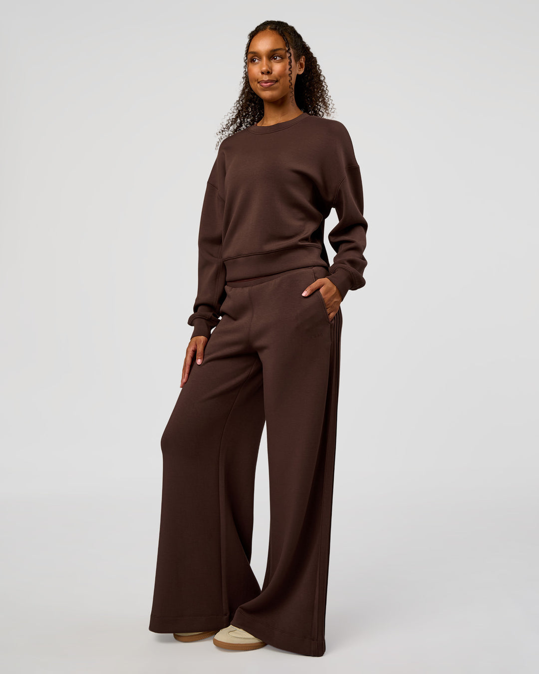 Woman wearing CF Elevate SoftTouch Pintuck Sweater - Hot Chocolate | Model:Jordan | Size:XS - view 8