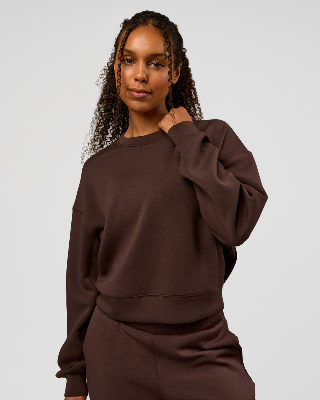 Woman wearing CF Elevate SoftTouch Pintuck Sweater - Hot Chocolate | Model:Jordan | Size:XS - view 1