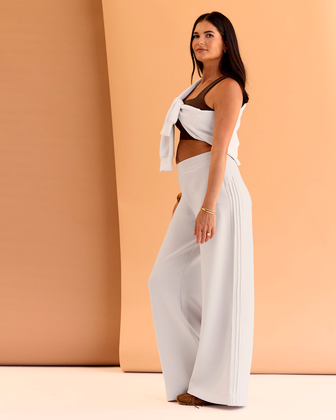 Woman wearing CF Elevate SoftTouch Pintuck Wide Leg Pant - Clay | Model:Chloe | Size:XS - view 5