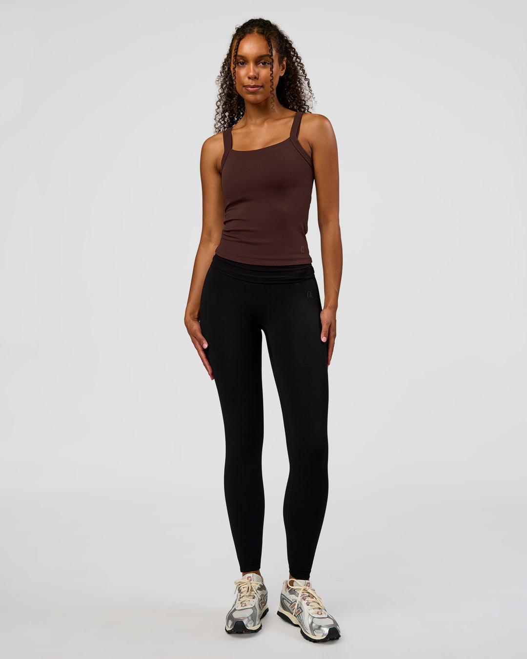 Woman wearing CF Move Through It Rib Tank - Hot Chocolate | Model:Jordan | Size:XS - view 3