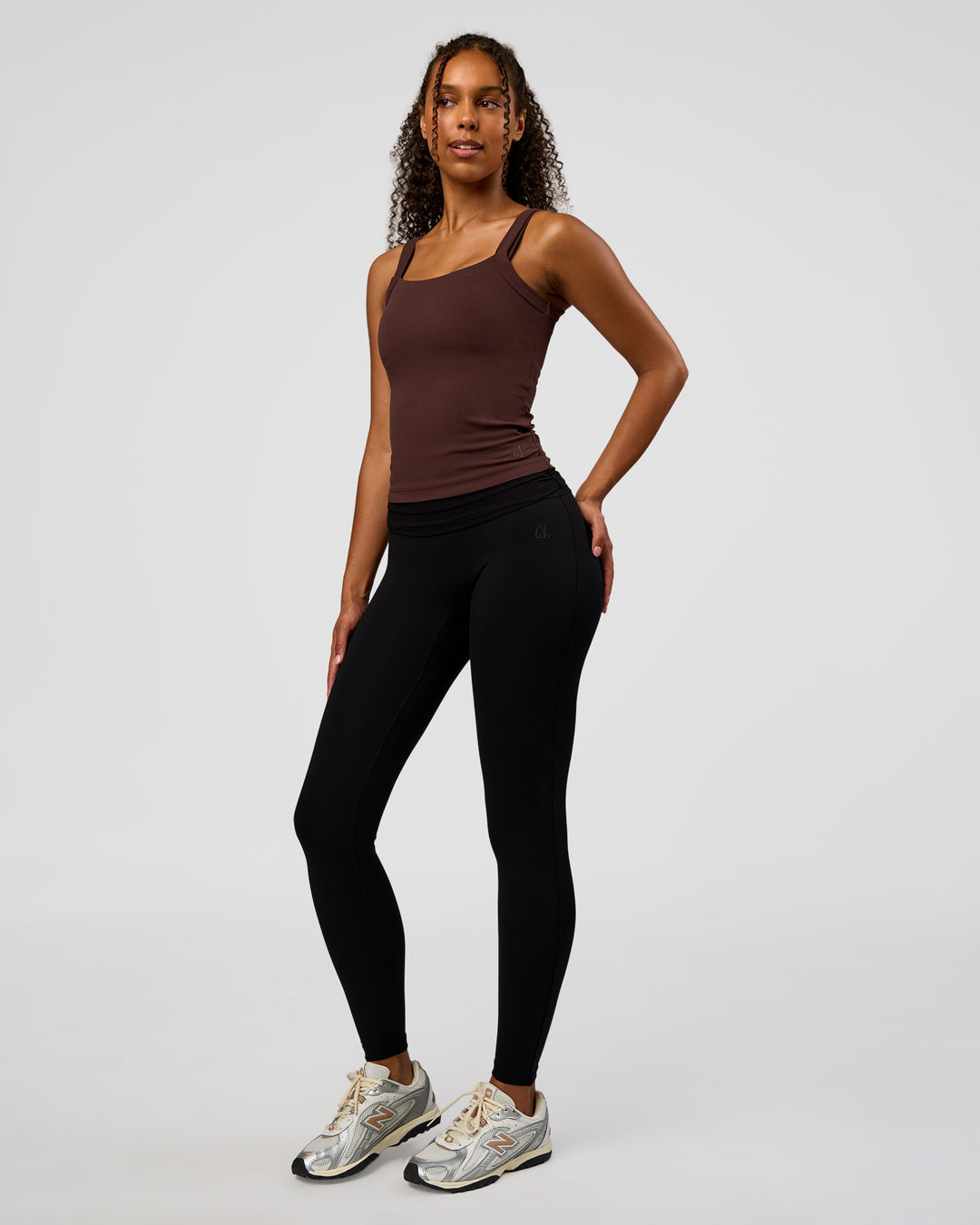 Woman wearing CF Move Through It Rib Tank - Hot Chocolate | Model:Jordan | Size:XS - view 4
