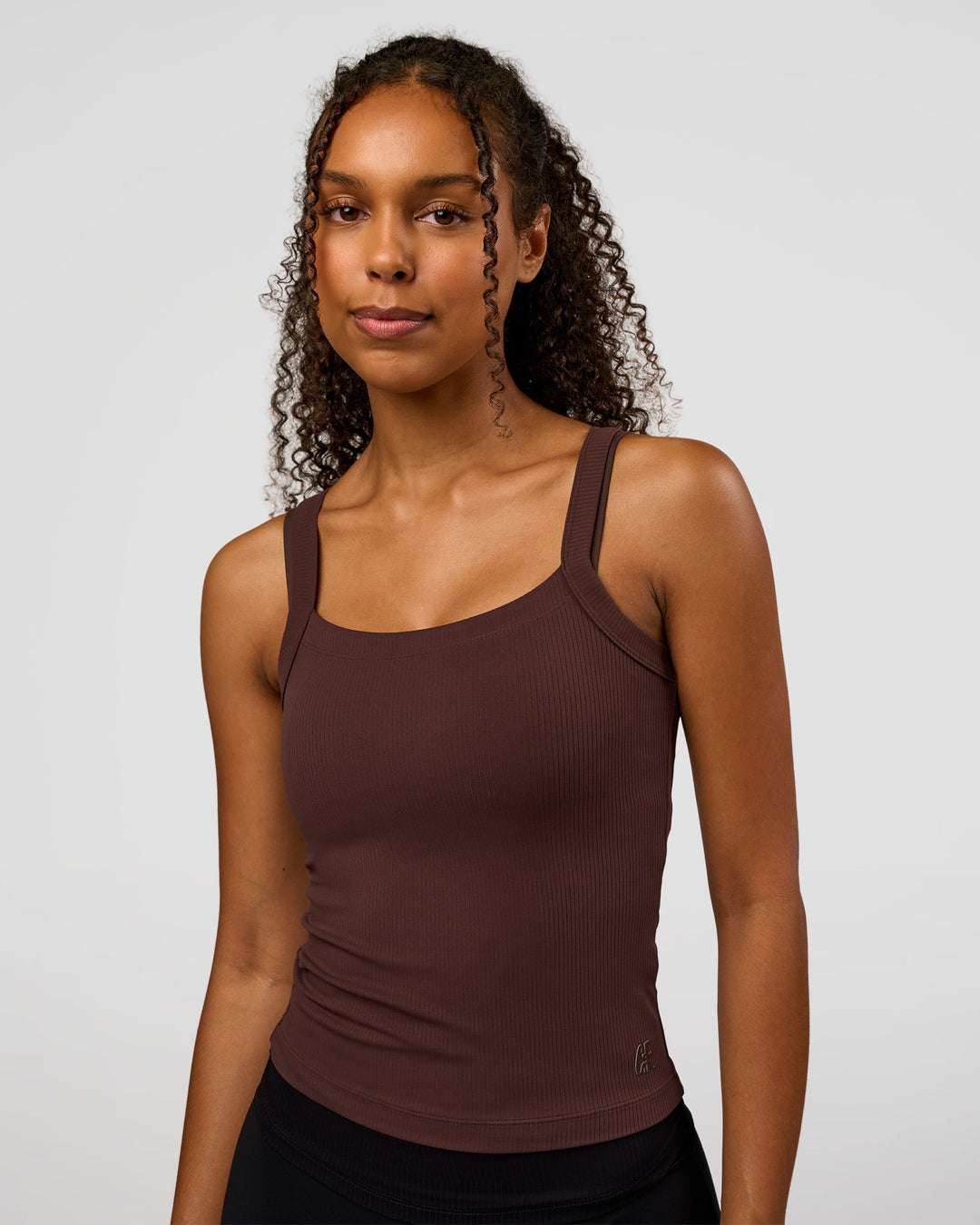 Woman wearing CF Move Through It Rib Tank - Hot Chocolate | Model:Jordan | Size:XS - view 5