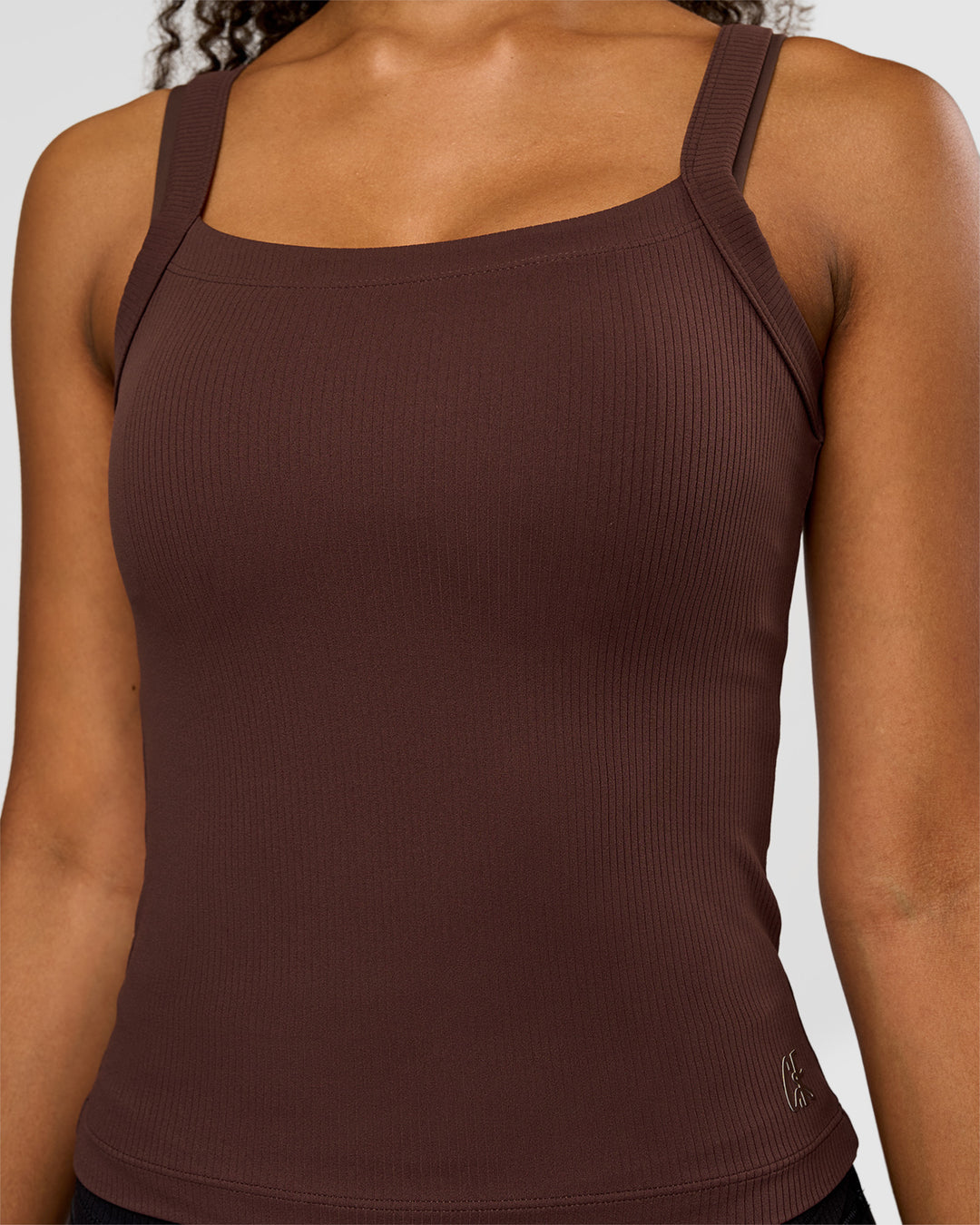 Woman wearing CF Move Through It Rib Tank - Hot Chocolate | Model:Jordan | Size:XS - view 6