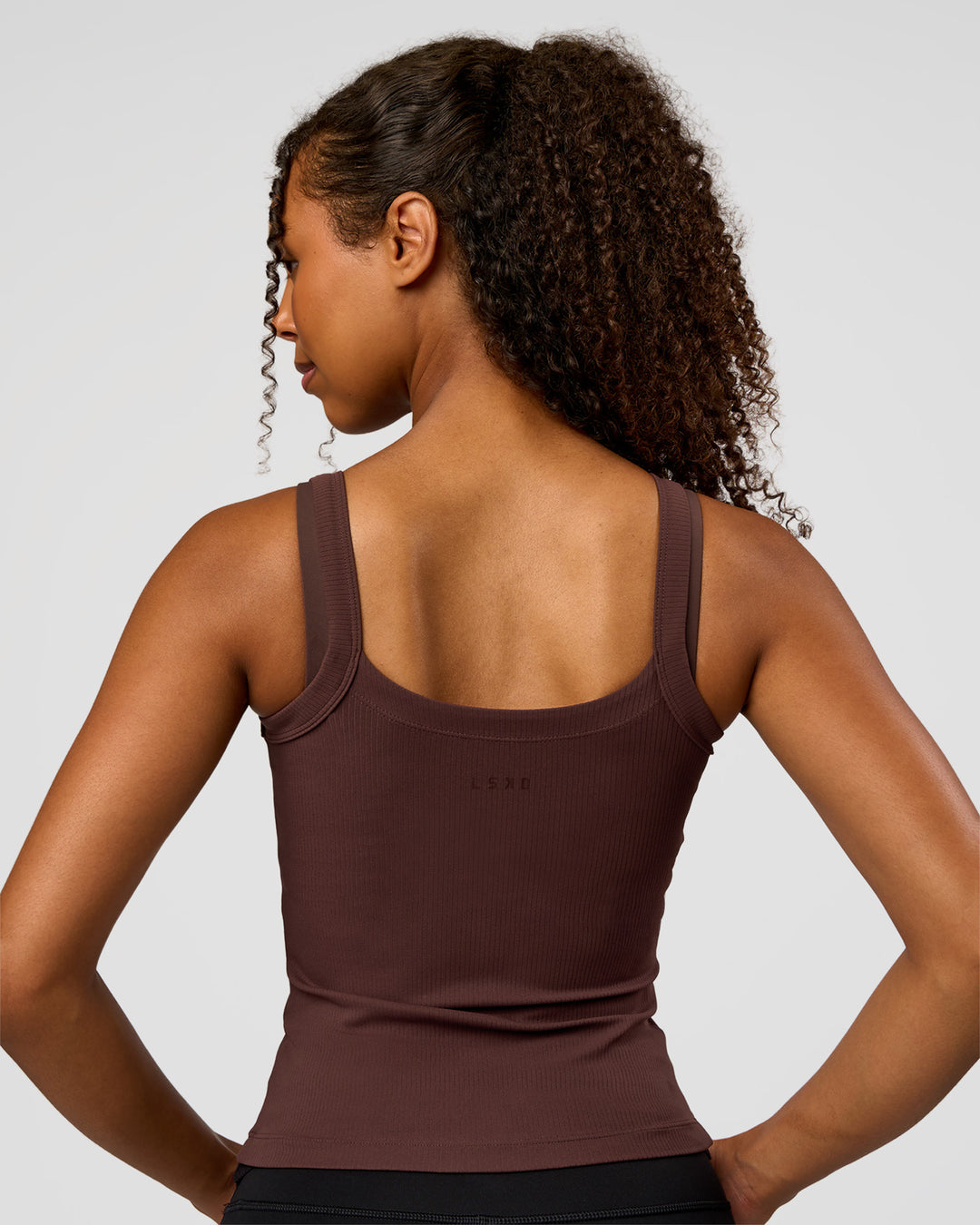 Woman wearing CF Move Through It Rib Tank - Hot Chocolate | Model:Jordan | Size:XS - view 7