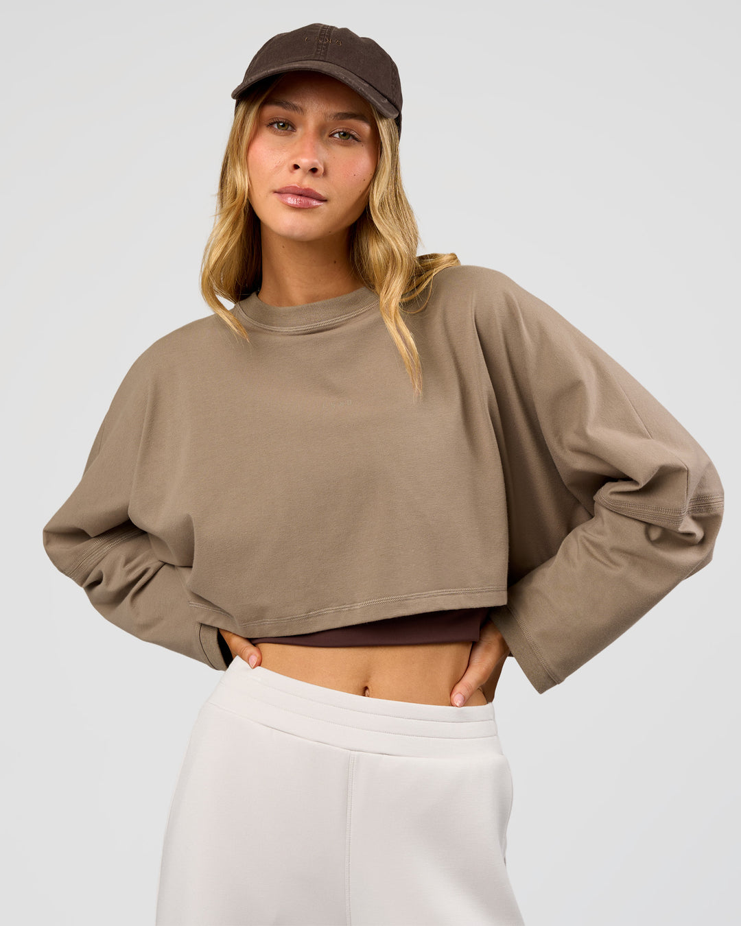 Woman wearing CF Street Surge Long Sleeve Tee - Taupe Ash | Model:Leilani | Size:XS - view 9