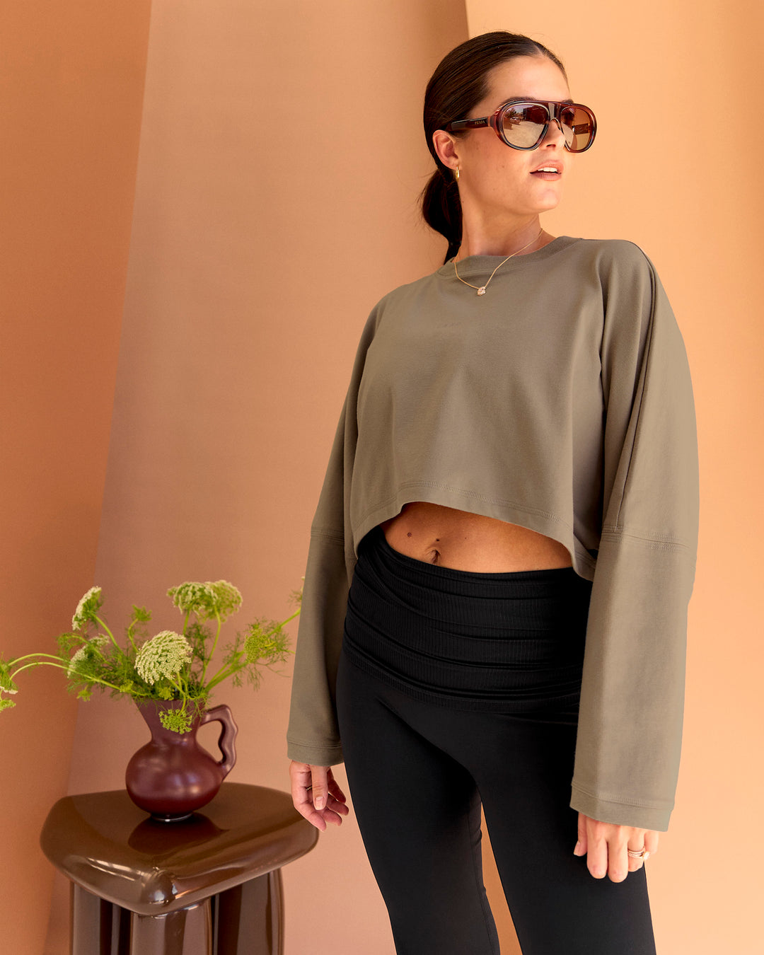 Woman wearing CF Street Surge Long Sleeve Tee - Taupe Ash | Model:Chloe | Size:XS - view 2