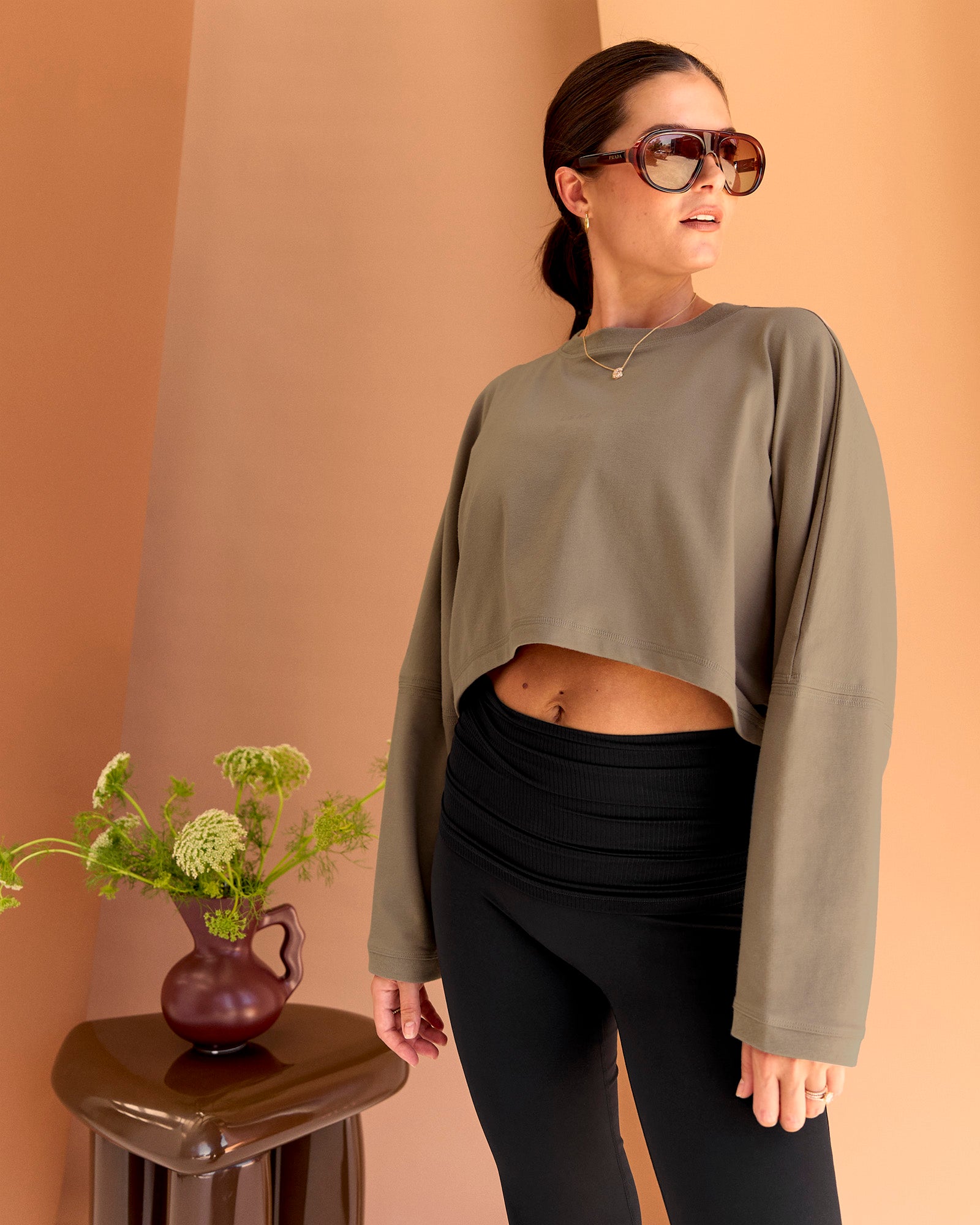Woman wearing CF Street Surge Long Sleeve Tee - Taupe Ash | Model:Chloe | Size:XS