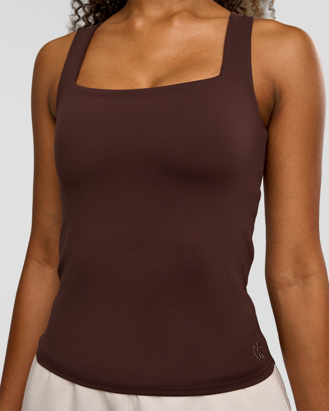 Woman wearing CF Train Hard Shelf Bra Tank - Hot Chocolate | Model:Jordan | Size:XS - view 4