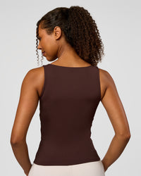 Woman wearing CF Train Hard Shelf Bra Tank - Hot Chocolate | Model:Jordan | Size:XS | Thumbnail Index: 4