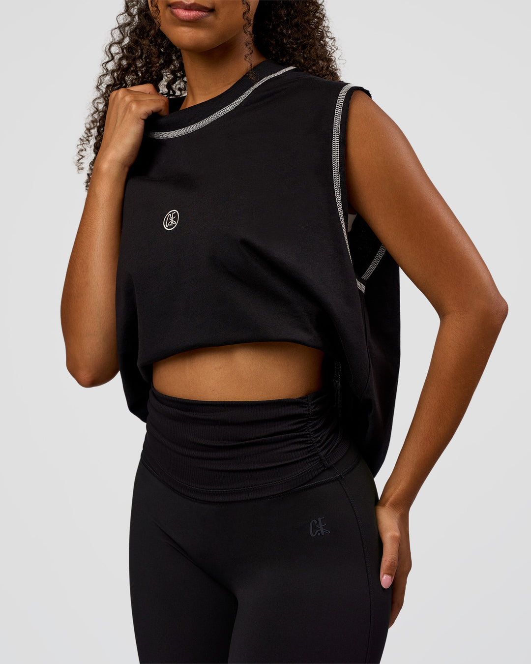 Woman wearing CF Unisex Oversized Heavyweight Boxed Tank - Black-CF X LSKD Sport | Model:Jordan | Size:XS - view 12