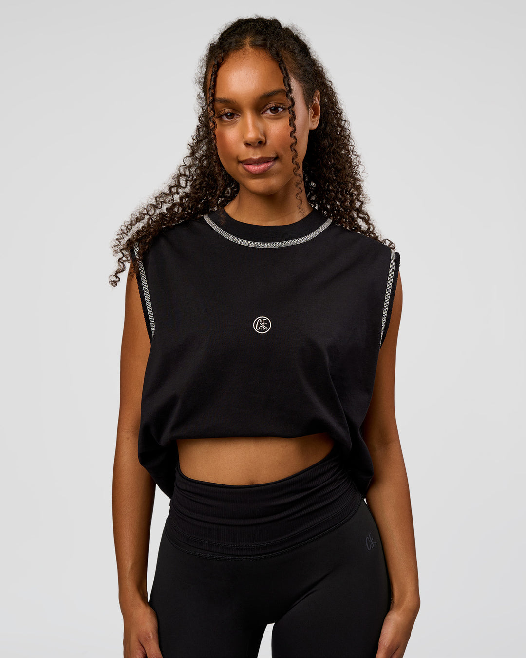 Woman wearing CF Unisex Oversized Heavyweight Boxed Tank - Black-CF X LSKD Sport | Model:Jordan | Size:XS - view 5