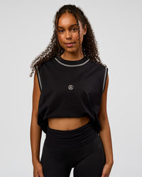 Woman wearing CF Unisex Oversized Heavyweight Boxed Tank - Black-CF X LSKD Sport | Model:Jordan | Size:XS | Thumbnail Index: 4