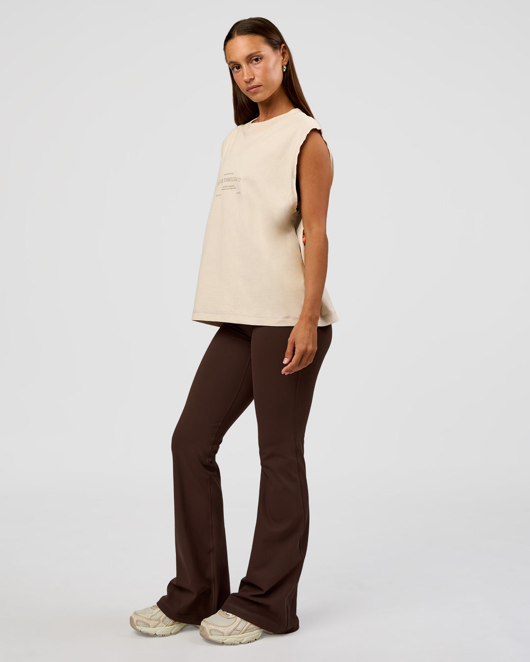 Woman wearing CF Unisex Oversized Heavyweight Boxed Tank - Clay-CF Move Through It | Model:Brylee | Size:XS - view 15