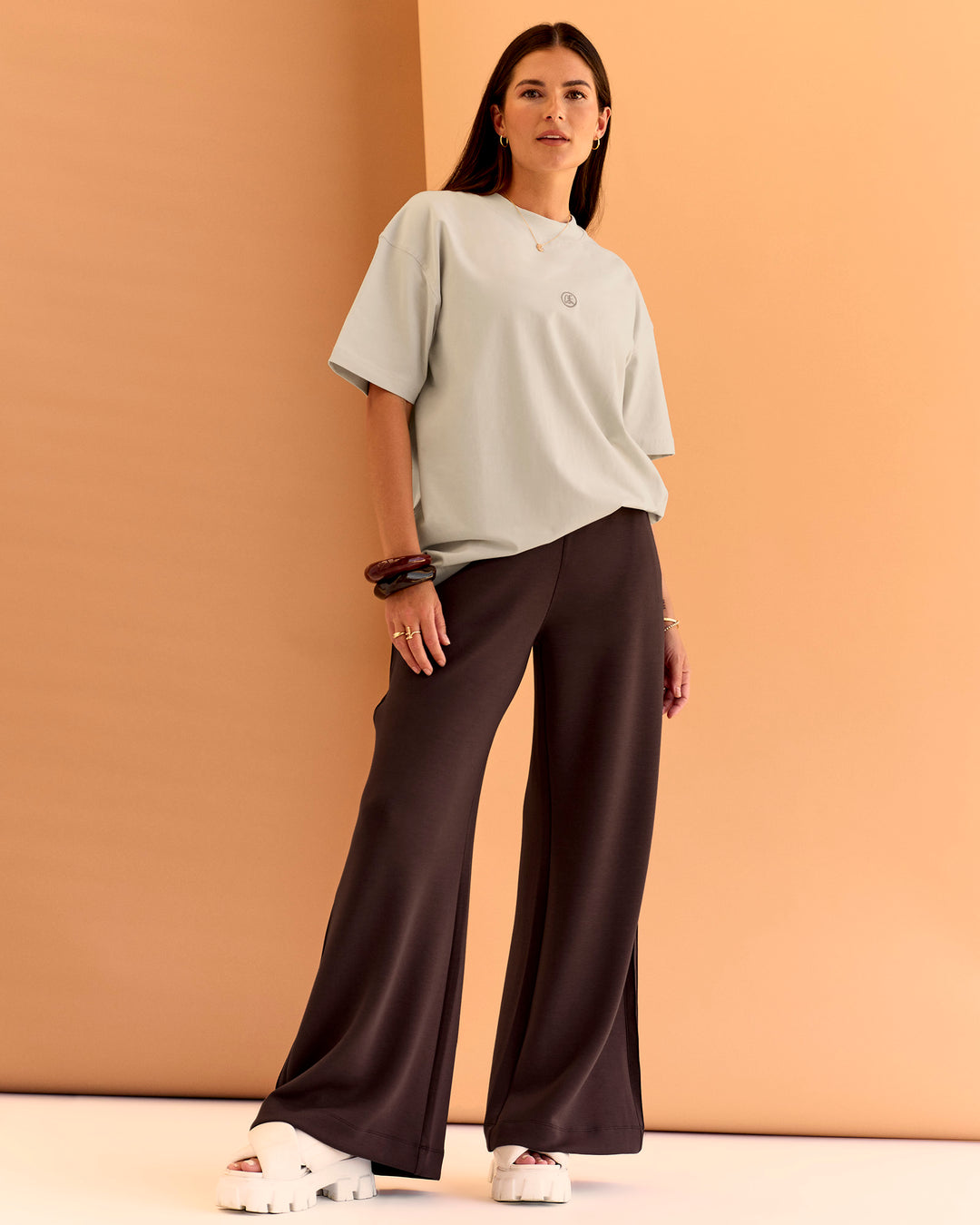 Woman wearing CF Unisex Oversized Heavyweight FLXCotton Tee - Clay-CF X LSKD Sport | Model:Chloe | Size:XS - view 11