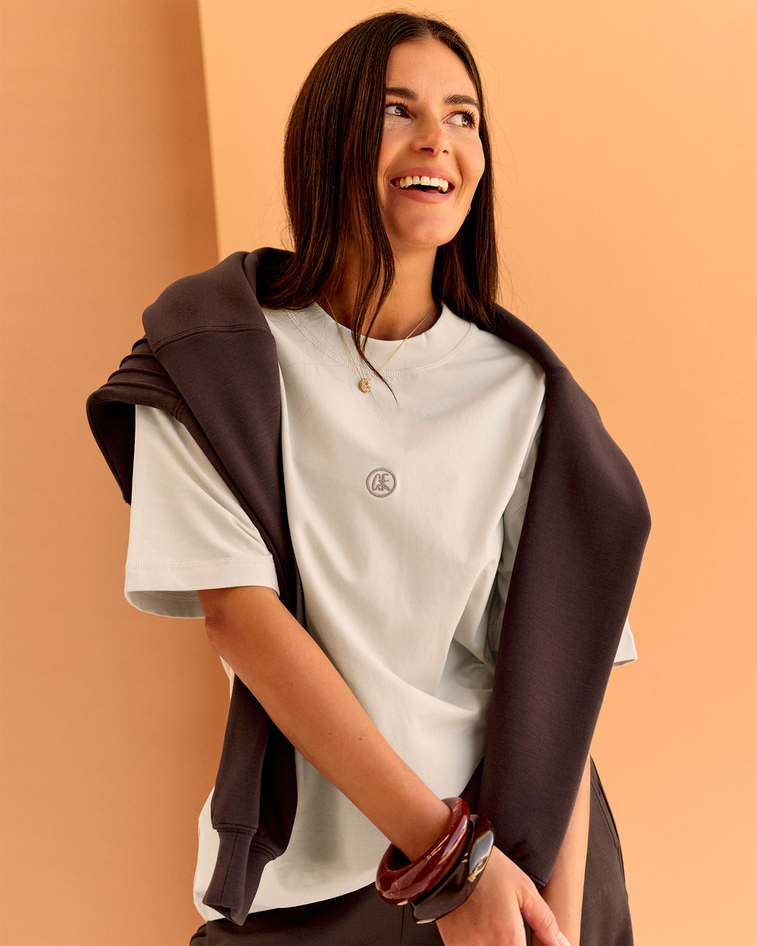 Woman wearing CF Unisex Oversized Heavyweight FLXCotton Tee - Clay-CF X LSKD Sport | Model:Chloe | Size:XS - view 4
