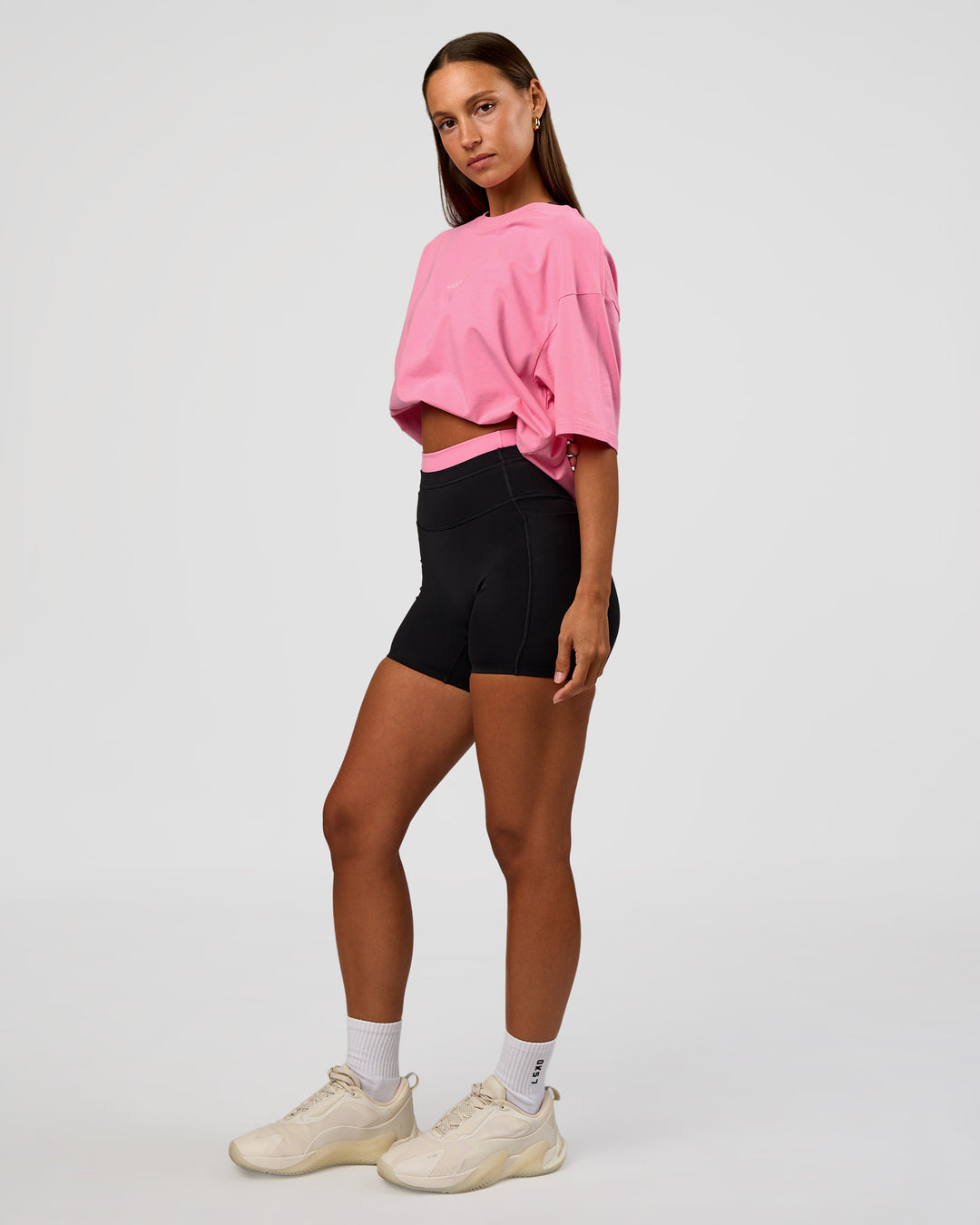Woman wearing CFT BNE 26 FLXCotton Oversized Tee in Candy Pink | Model:Brylee | Size:XS - view 5