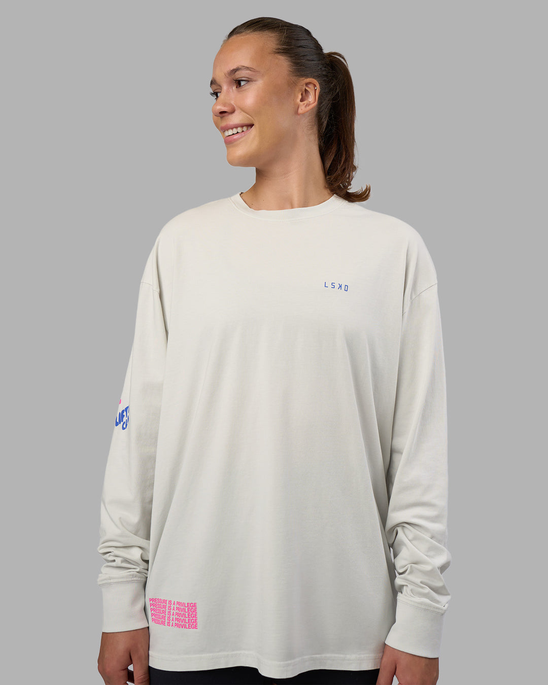 Woman wearing Cali FLXCotton Oversized Long Sleeve Tee - Digital Mist Washed | Model:Charlize | Size:XS - view 3