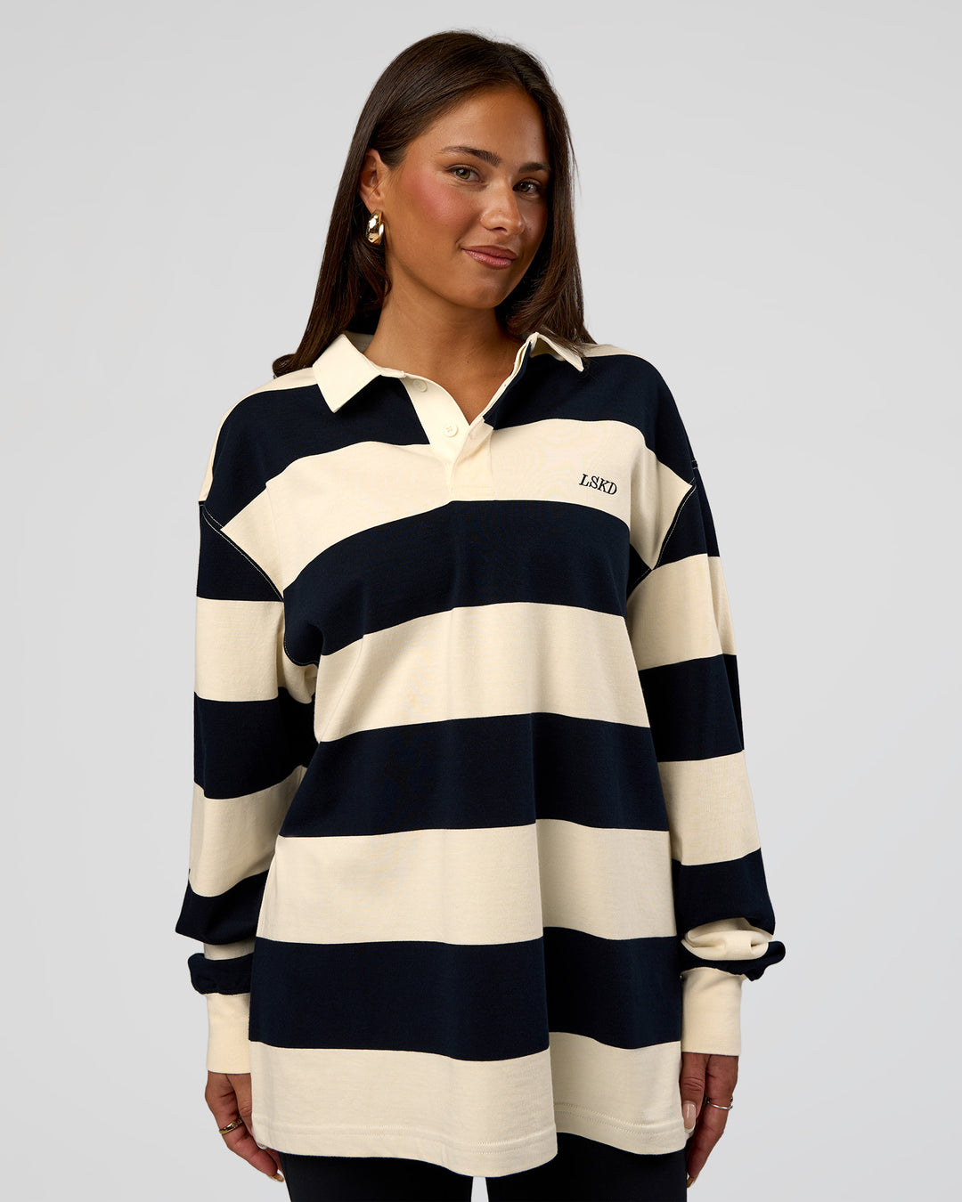 Woman wearing Clubhouse Unisex Rugby Polo - Future Navy-Off White | Model:Bianca | Size:XS - view 4