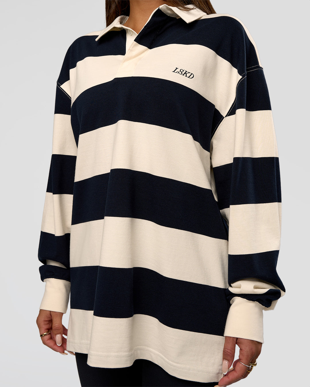 Woman wearing Clubhouse Unisex Rugby Polo - Future Navy-Off White | Model:Bianca | Size:XS - view 13