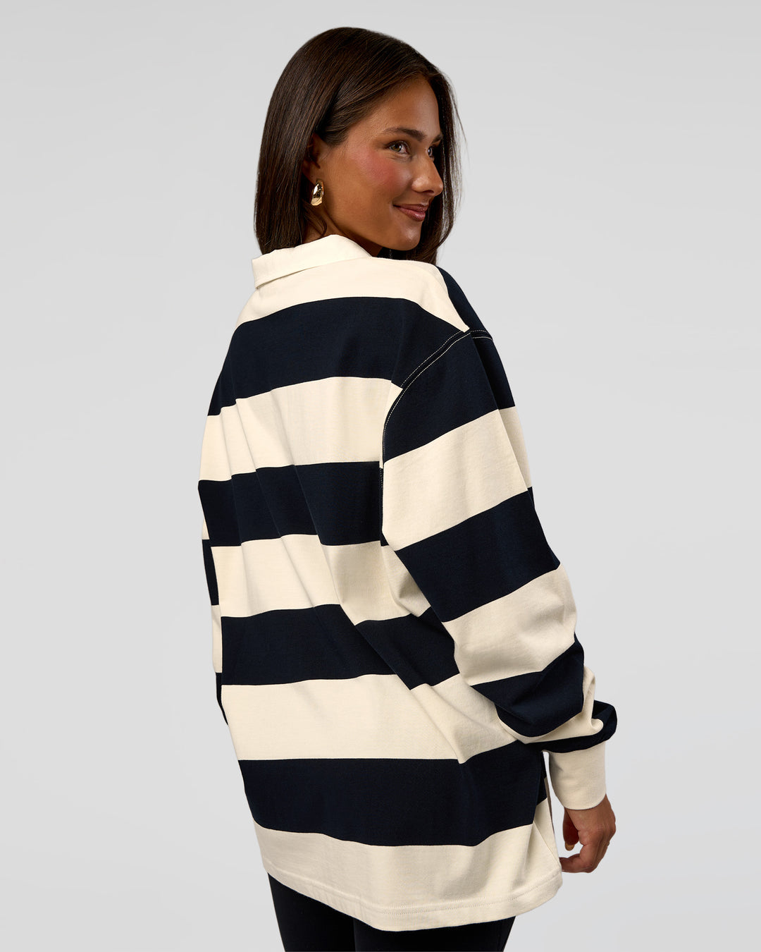 Woman wearing Clubhouse Unisex Rugby Polo - Future Navy-Off White | Model:Bianca | Size:XS - view 9