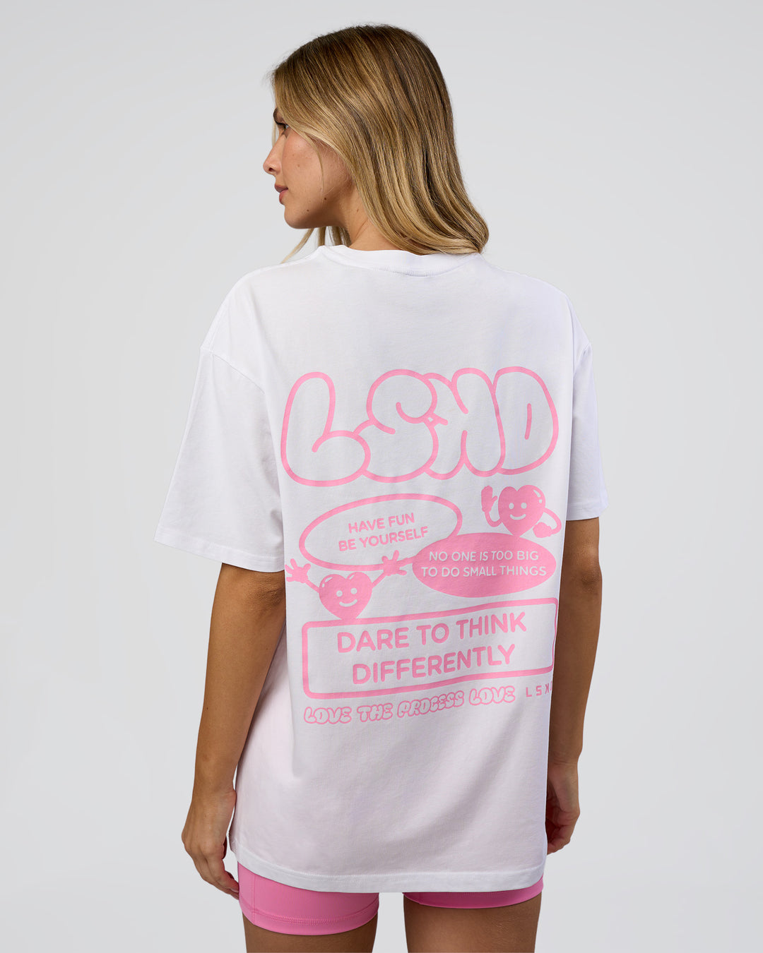 Woman wearing Dare To Think FLXCotton Tee Oversize - White-Candy Pink | Model:Leilani | Size:XS - view 4