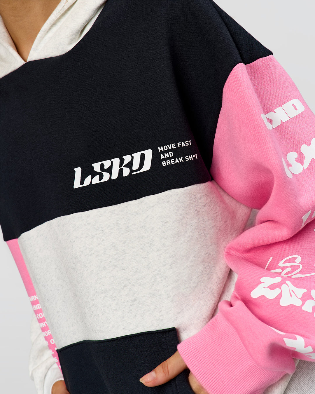 Woman wearing Deconstructed Fleece Hoodie - Caviar-Candy Pink-Grey Marl | Model:Leilani | Size:XS - view 3