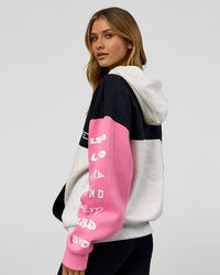 Woman wearing Deconstructed Fleece Hoodie - Caviar-Candy Pink-Grey Marl | Model:Leilani | Size:XS | Thumbnail Index: 6