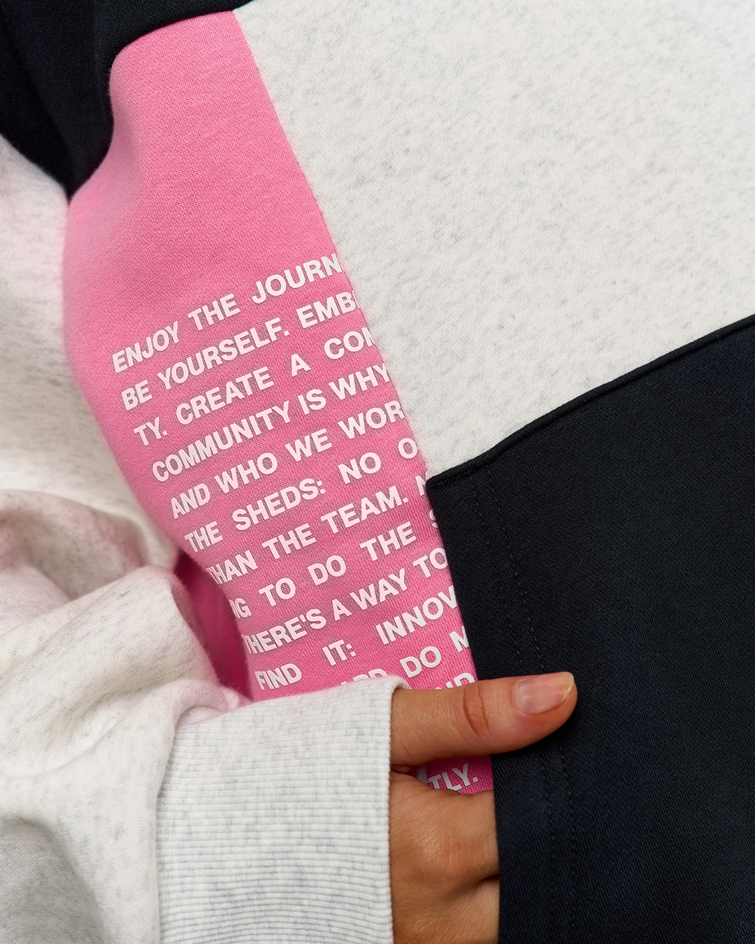 Woman wearing Deconstructed Fleece Hoodie - Caviar-Candy Pink-Grey Marl | Model:Leilani | Size:XS - view 10