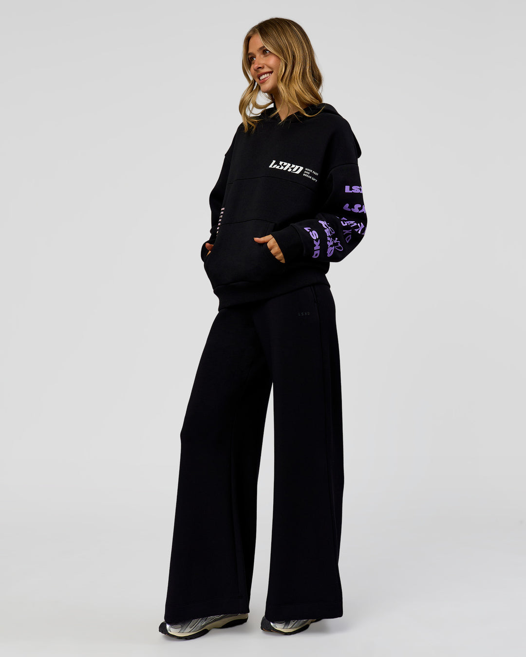 Woman wearing Deconstructed Fleece Hoodie - Caviar-Marshmallow-Pale Lilac | Model:Leilani | Size:XS - view 15