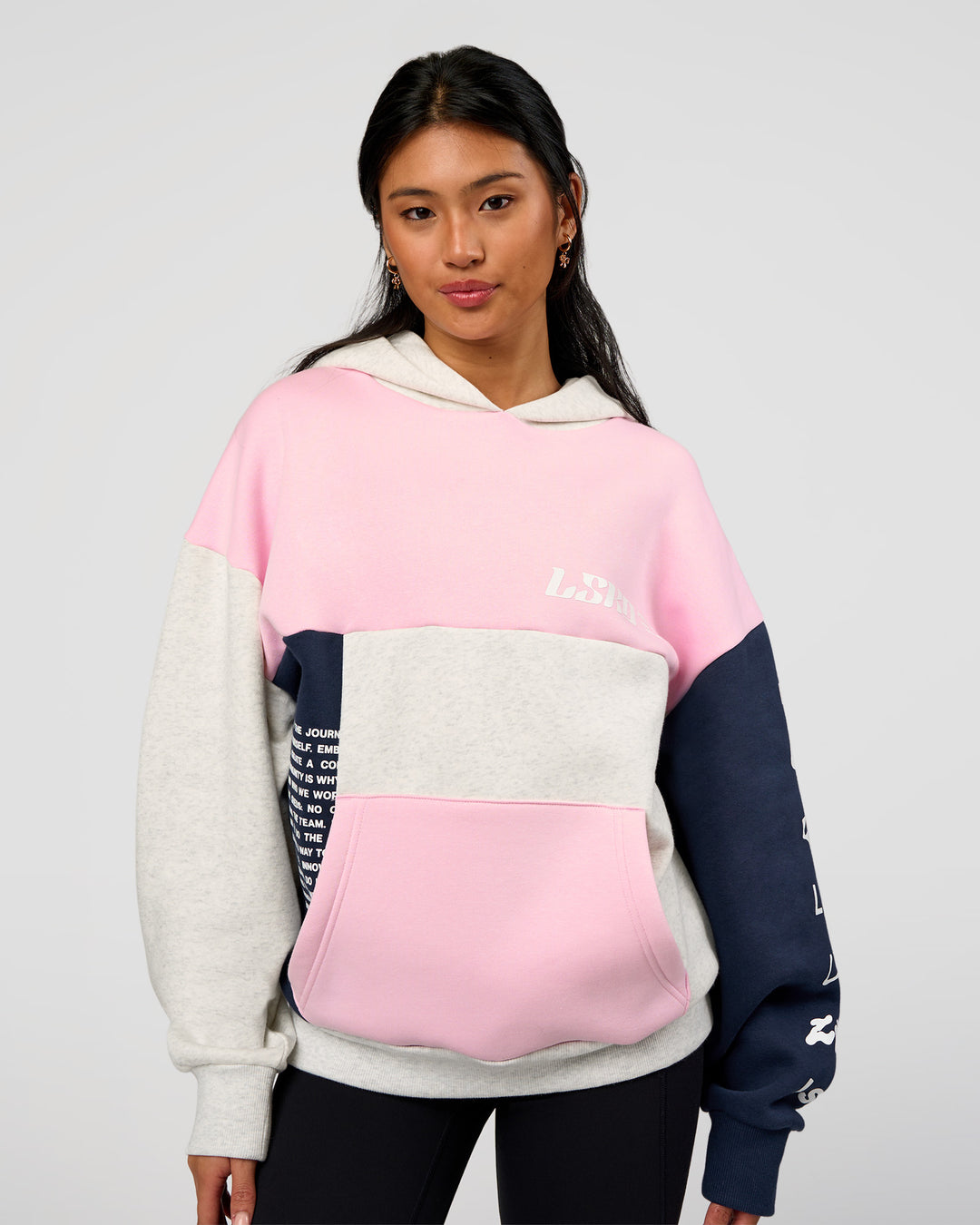 Woman wearing Deconstructed Fleece Hoodie - Grey Marl-Marshmallow-Navy | Model:Loren | Size:XS - view 4