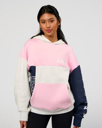 Woman wearing Deconstructed Fleece Hoodie - Grey Marl-Marshmallow-Navy | Model:Loren | Size:XS | Thumbnail Index: 3