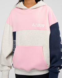 Woman wearing Deconstructed Fleece Hoodie - Grey Marl-Marshmallow-Navy | Model:Loren | Size:XS | Thumbnail Index: 11