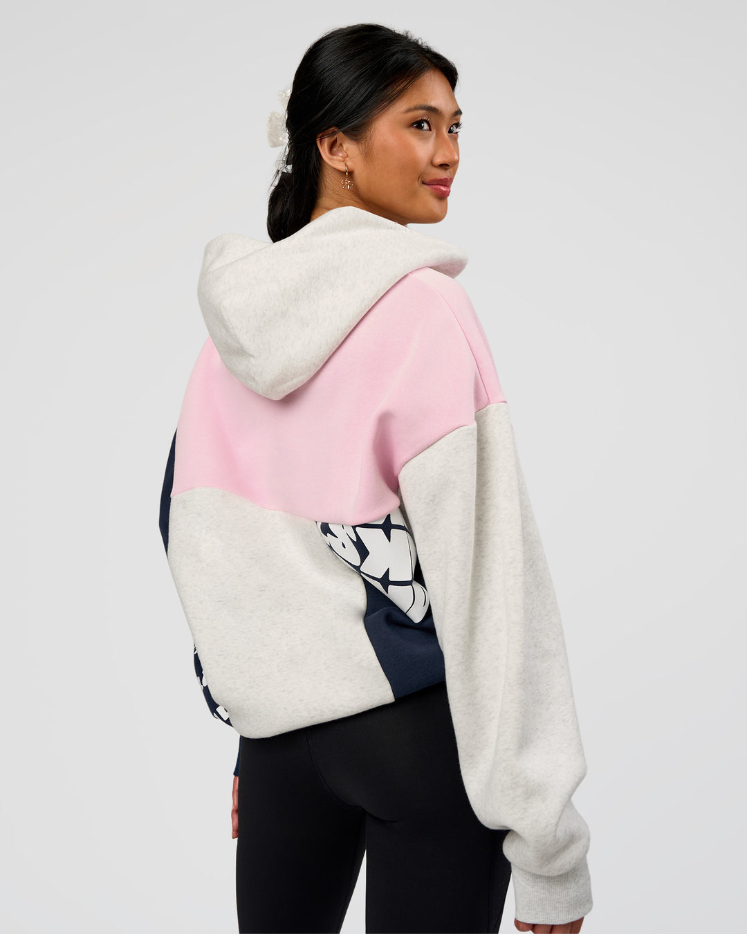 Woman wearing Deconstructed Fleece Hoodie - Grey Marl-Marshmallow-Navy | Model:Loren | Size:XS - view 9