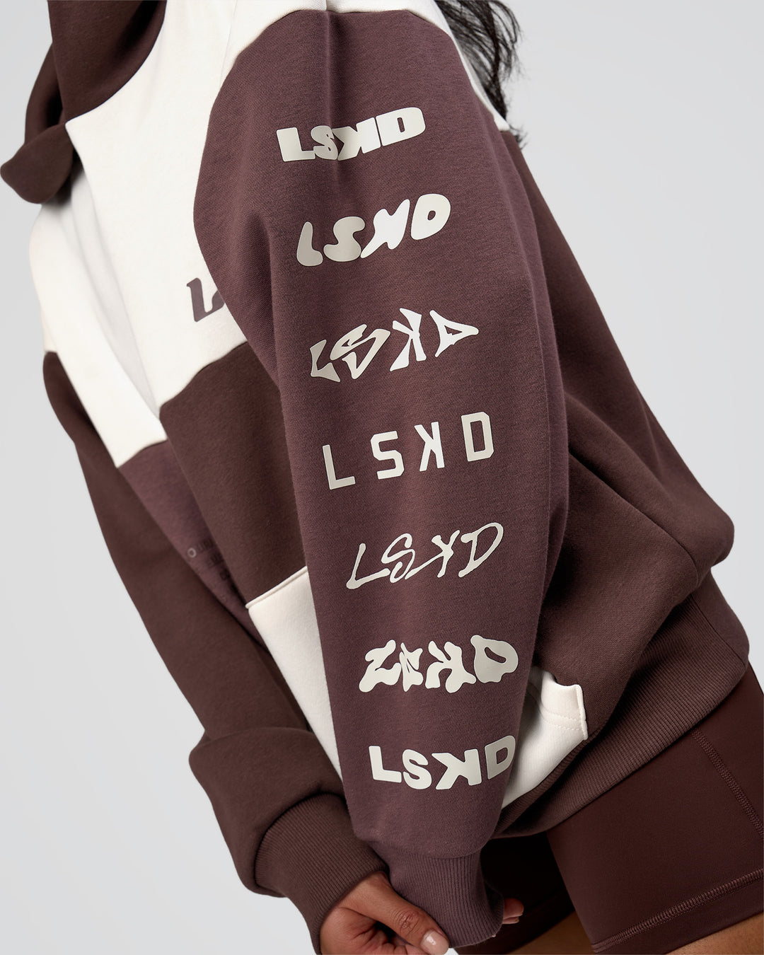 Woman wearing Deconstructed Fleece Hoodie - Off White-Cocoa Powder-Choc | Model:Loren | Size:XS - view 9