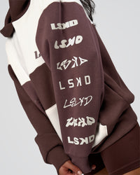 Woman wearing Deconstructed Fleece Hoodie - Off White-Cocoa Powder-Choc | Model:Loren | Size:XS | Thumbnail Index: 8