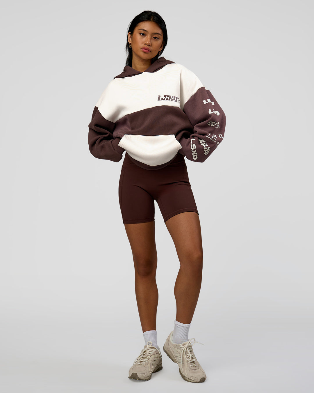 Woman wearing Deconstructed Fleece Hoodie - Off White-Cocoa Powder-Choc | Model:Loren | Size:XS - view 5