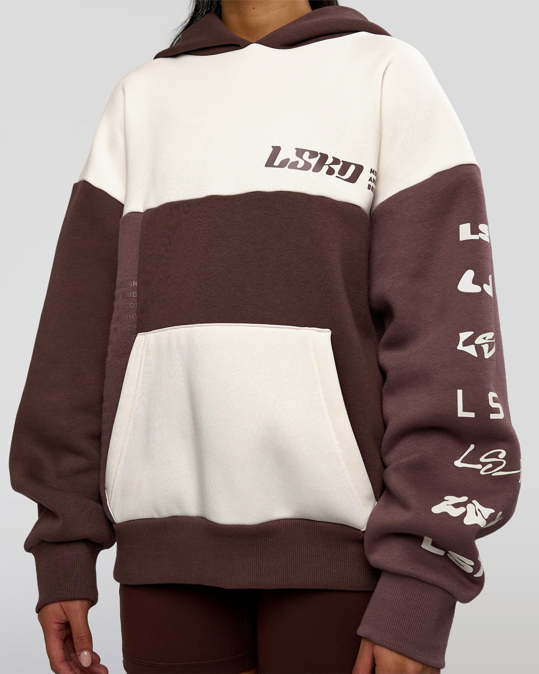 Woman wearing Deconstructed Fleece Hoodie - Off White-Cocoa Powder-Choc | Model:Loren | Size:XS - view 12
