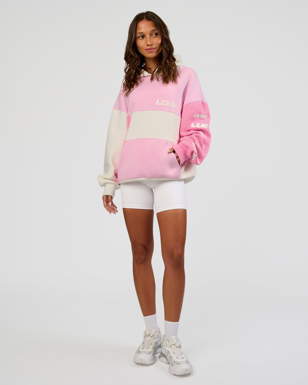 Woman wearing Deconstructed Fleece Hoodie - Off White-Marshmallow-Pink | Model:Dakota | Size:XS - view 12