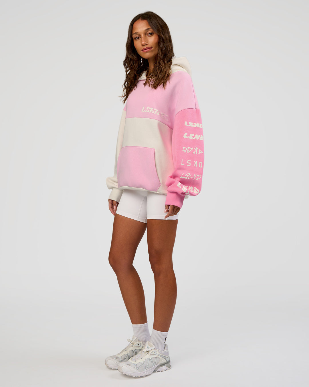 Woman wearing Deconstructed Fleece Hoodie - Off White-Marshmallow-Pink | Model:Dakota | Size:XS - view 8