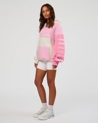 Woman wearing Deconstructed Fleece Hoodie - Off White-Marshmallow-Pink | Model:Dakota | Size:XS | Thumbnail Index: 7