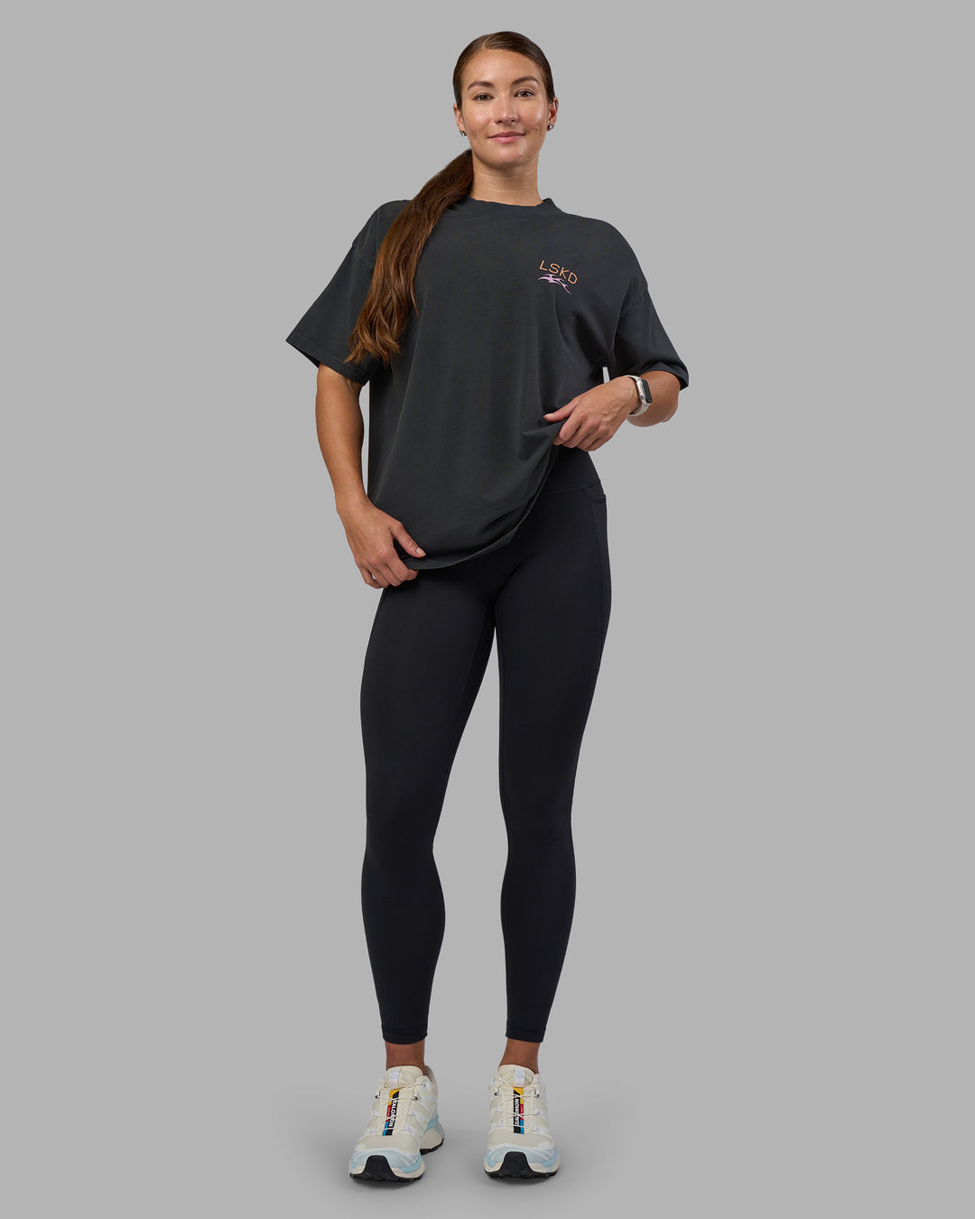Woman wearing Digital World Heavyweight Oversized Tee - Washed Black | Model:Hannah | Size:XS - view 6