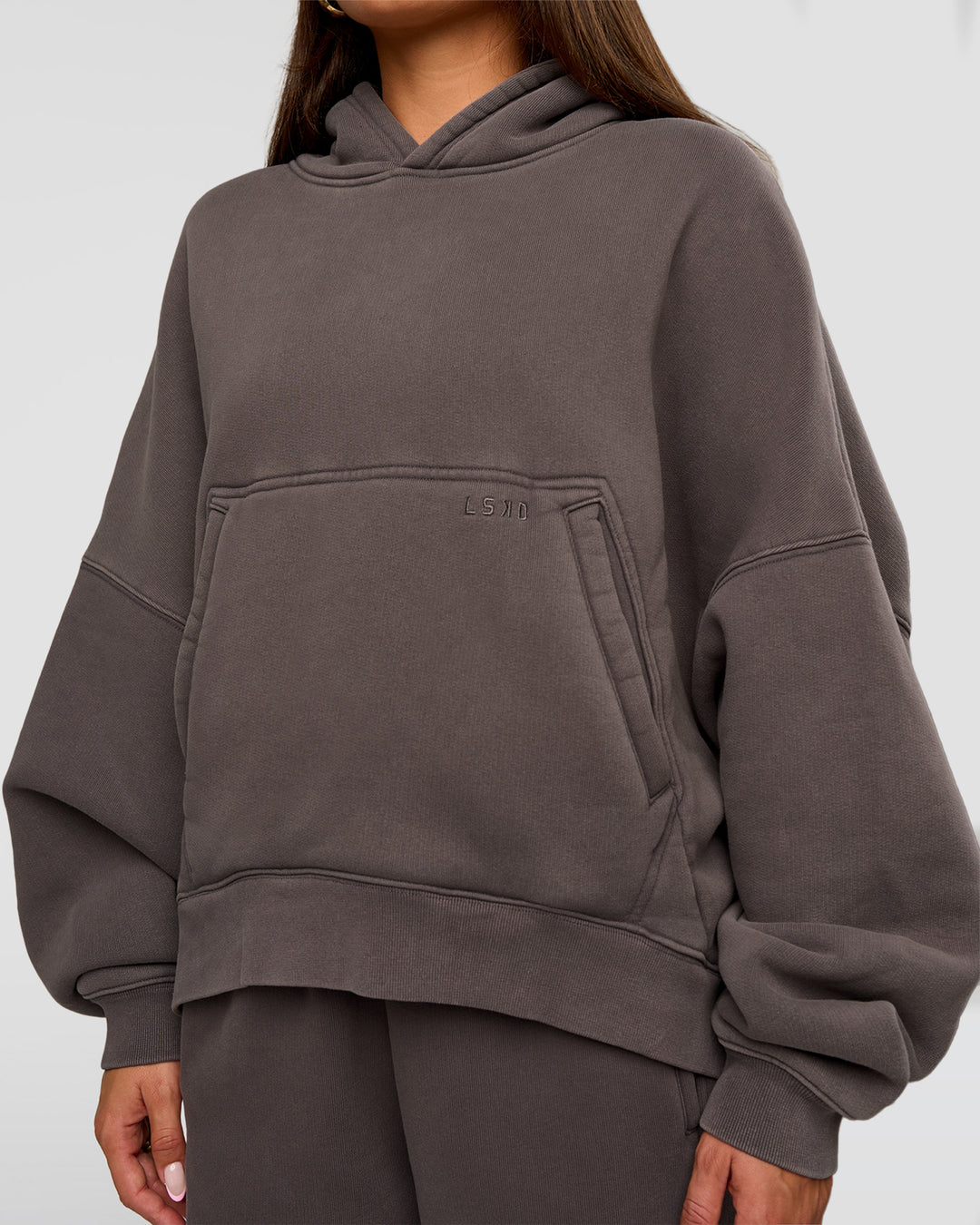 Woman wearing Distort Oversized Hoodie - Duskstone Washed | Model:Bianca | Size:XS - view 2