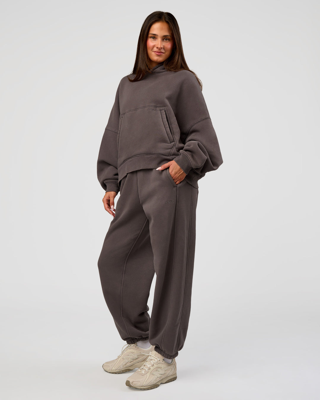 Woman wearing Distort Oversized Slouchy Fit Track Pant - Duskstone Washed | Model:Bianca | Size:XS - view 5