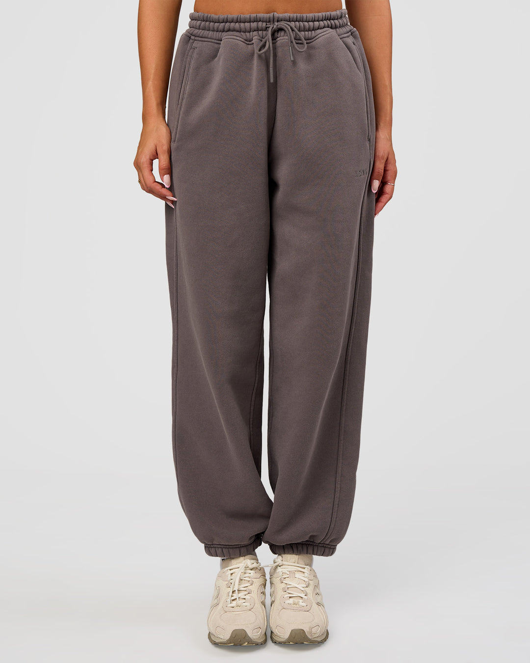 Woman wearing Distort Oversized Slouchy Fit Track Pant - Duskstone Washed | Model:Bianca | Size:XS - view 2